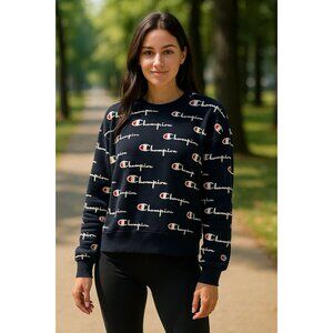 Champion Reverse Weave Sweatshirt Large Navy Blue All Over Logo Crewneck Pullove